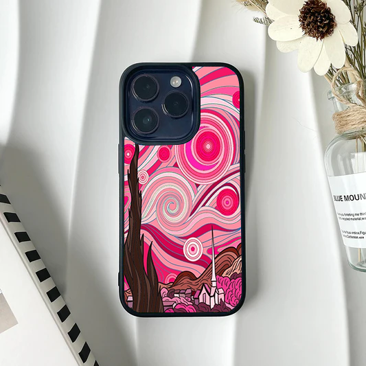 Phone case featuring an abstract, geometric version of Starry Night in shades of bright pink, magenta, and red.